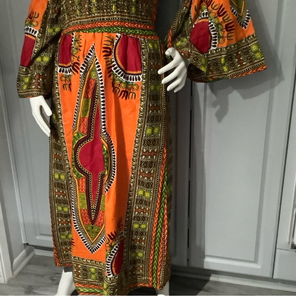 African Design Multi Colored Maxi Dress Only, Bell Shaped Long Sleeve Sz M/L - Picture 3 of 8